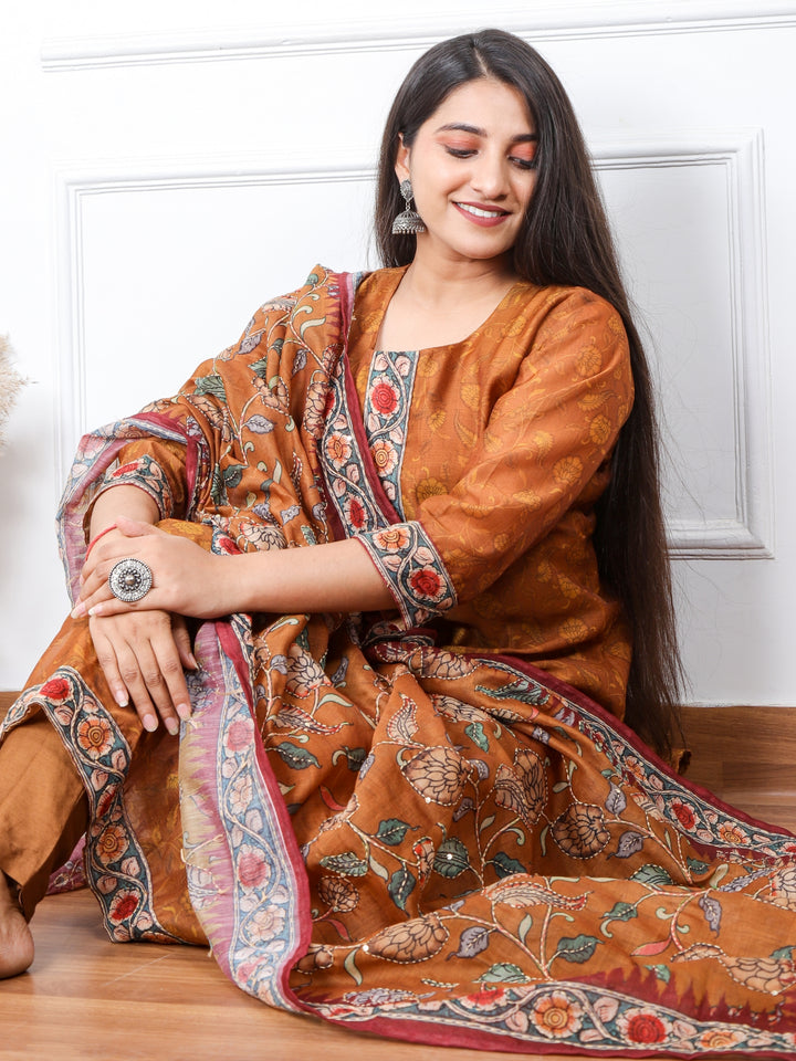 Heeriye Light Brown Digital Printed Chanderi Top with Kantha work Dupatta 3 Piece Set