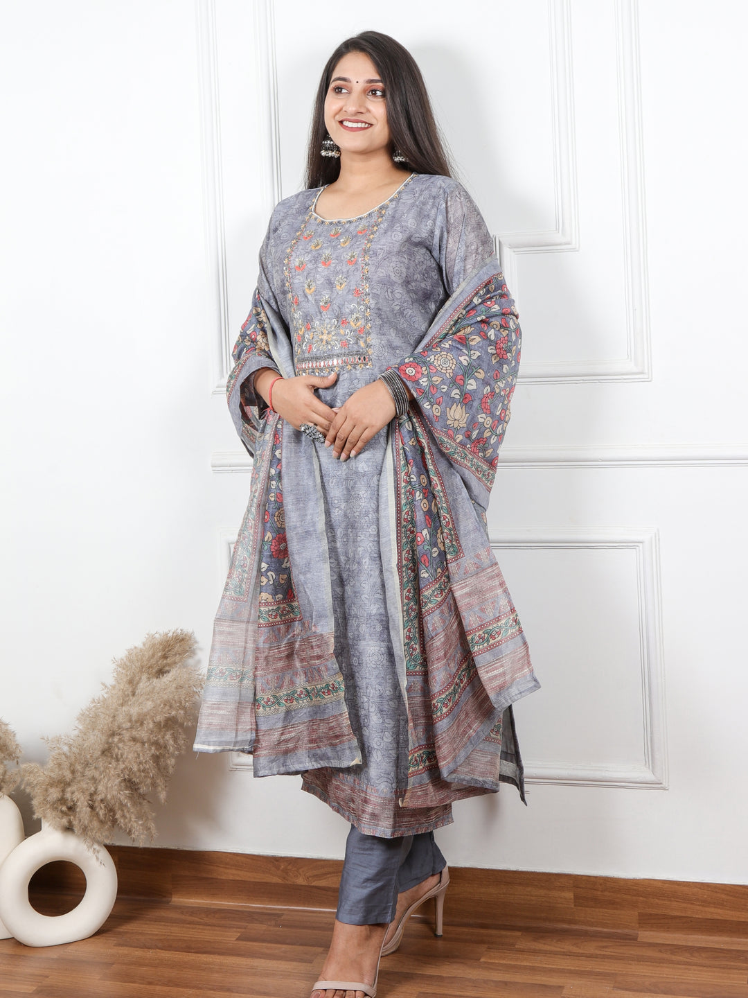 Heeriye Steel Grey Digital Printed Chanderi Top with Chanderi Dupatta 3 Piece Set