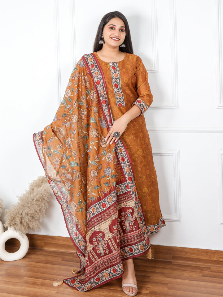 Heeriye Light Brown Digital Printed Chanderi Top with Kantha work Dupatta 3 Piece Set