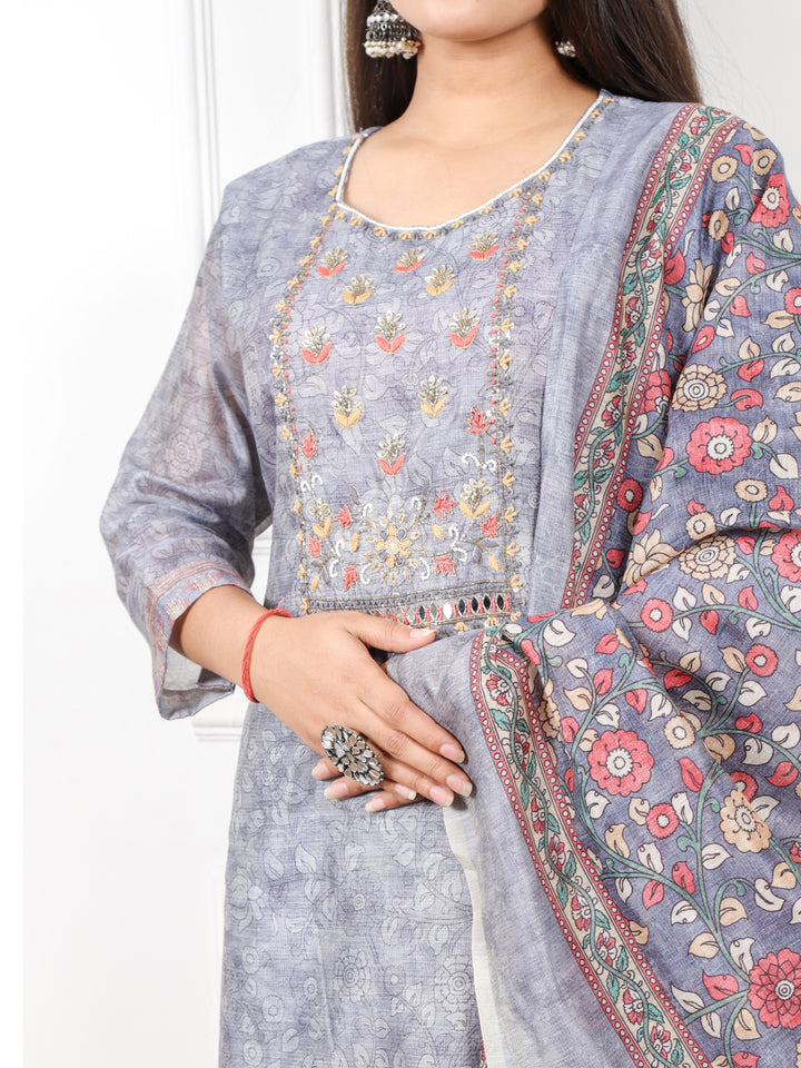 Heeriye Steel Grey Digital Printed Chanderi Top with Chanderi Dupatta 3 Piece Set