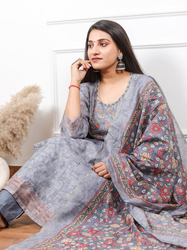 Heeriye Steel Grey Digital Printed Chanderi Top with Chanderi Dupatta 3 Piece Set