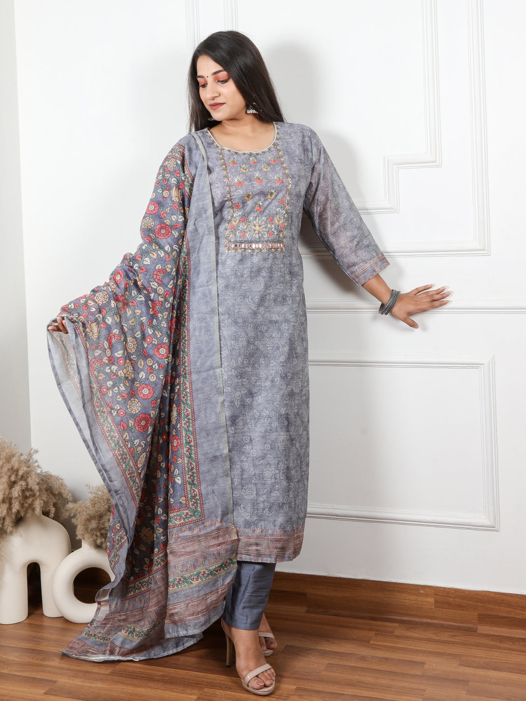 Heeriye Steel Grey Digital Printed Chanderi Top with Chanderi Dupatta 3 Piece Set