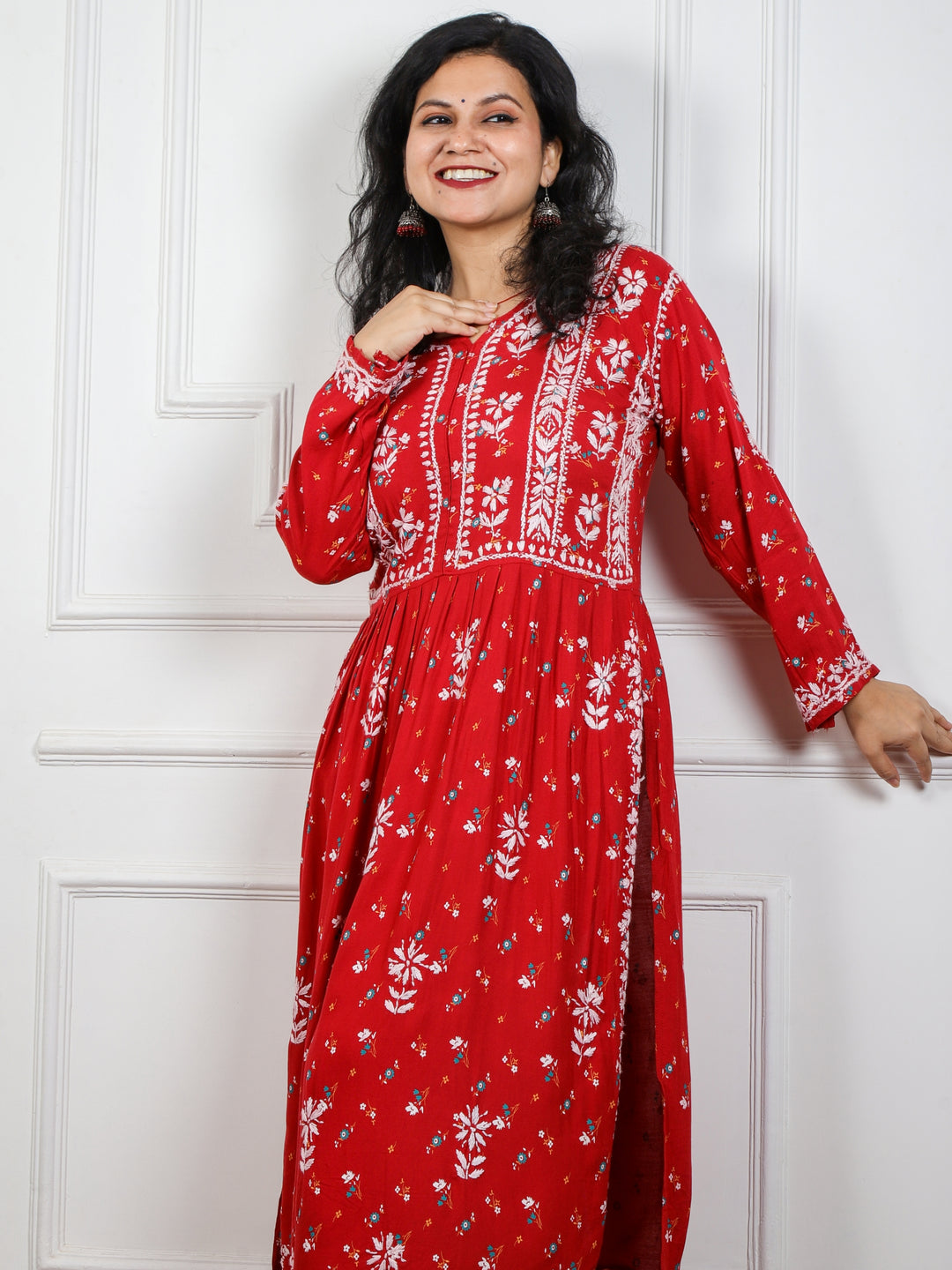 Iqraar Cherry Red Printed Chikankari Modal Naira Cut Kurti