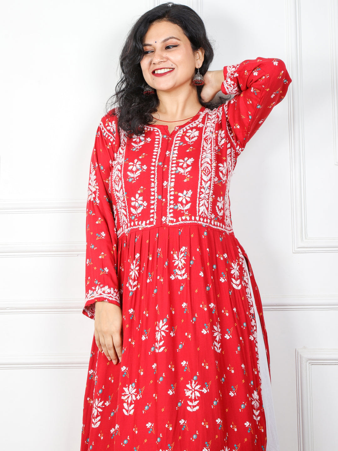 Iqraar Cherry Red Printed Chikankari Modal Naira Cut Kurti