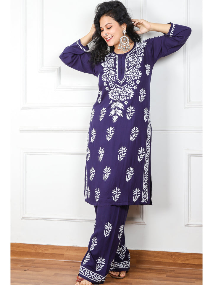 Iqraar Dark Space Blue Rayon Chikankari 2 Piece Set