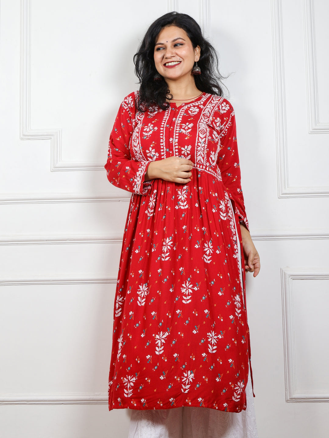 Iqraar Cherry Red Printed Chikankari Modal Naira Cut Kurti