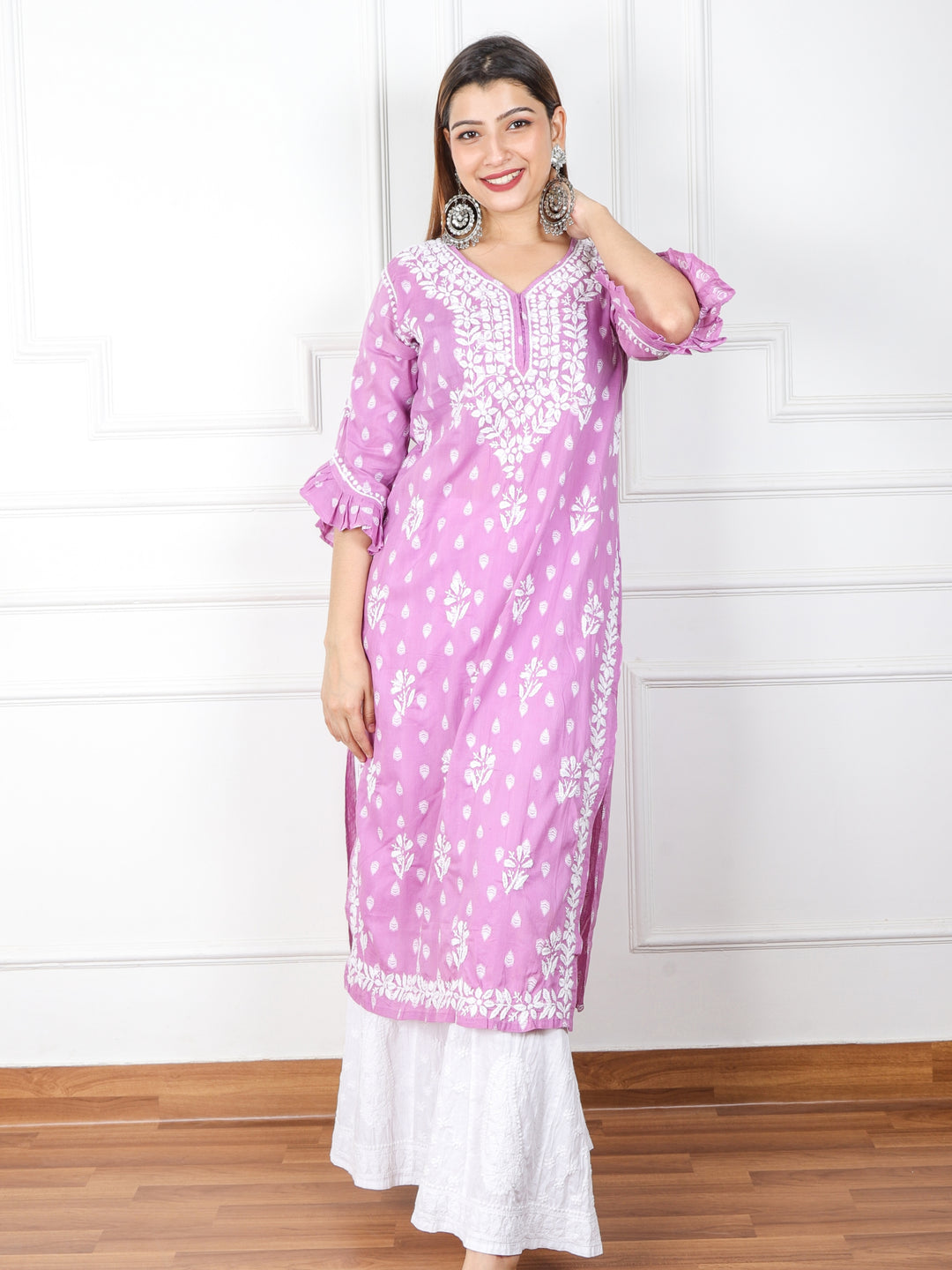 Iqraar Lilac Printed Chikankari Cotton Kurti