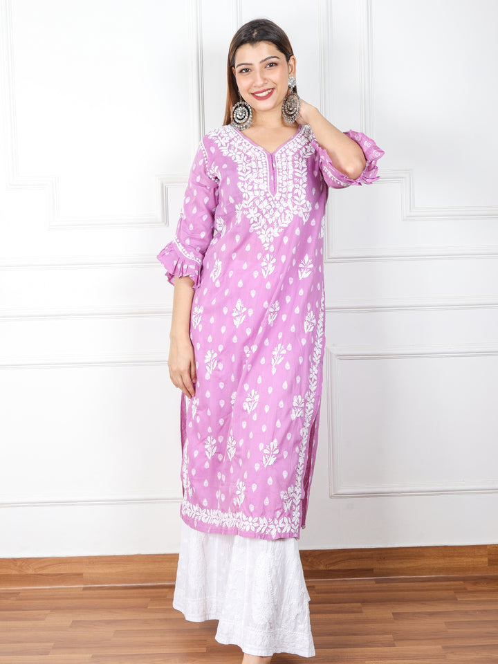 Iqraar Lilac Printed Chikankari Cotton Kurti