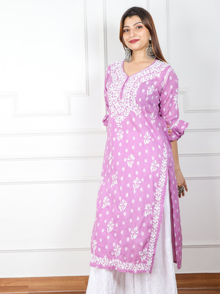 Iqraar Lilac Printed Chikankari Cotton Kurti