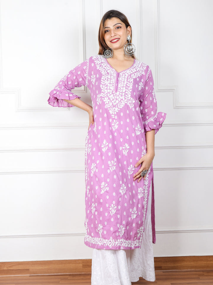 Iqraar Lilac Printed Chikankari Cotton Kurti