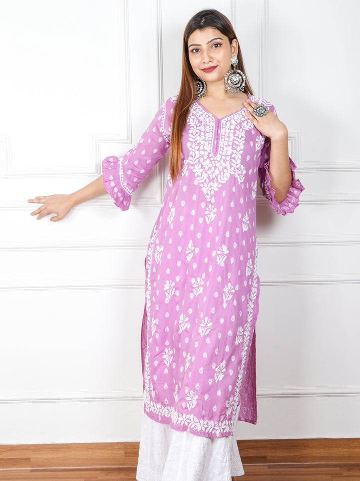 Iqraar Lilac Printed Chikankari Cotton Kurti
