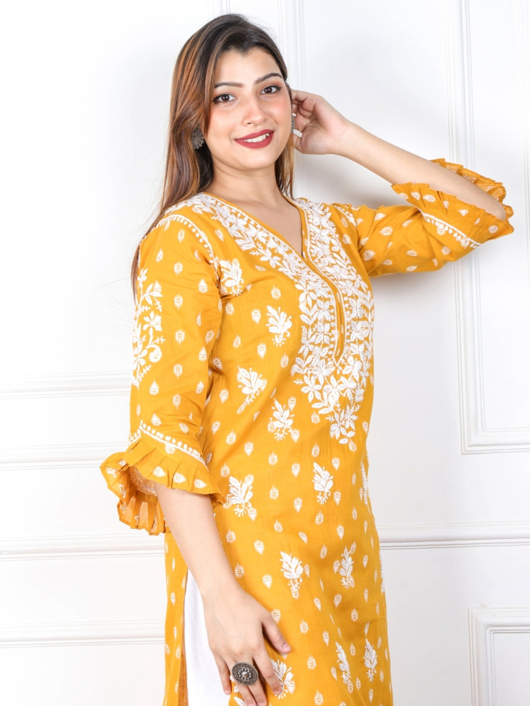 Iqraar Turmeric Yellow Printed Chikankari Cotton Kurti