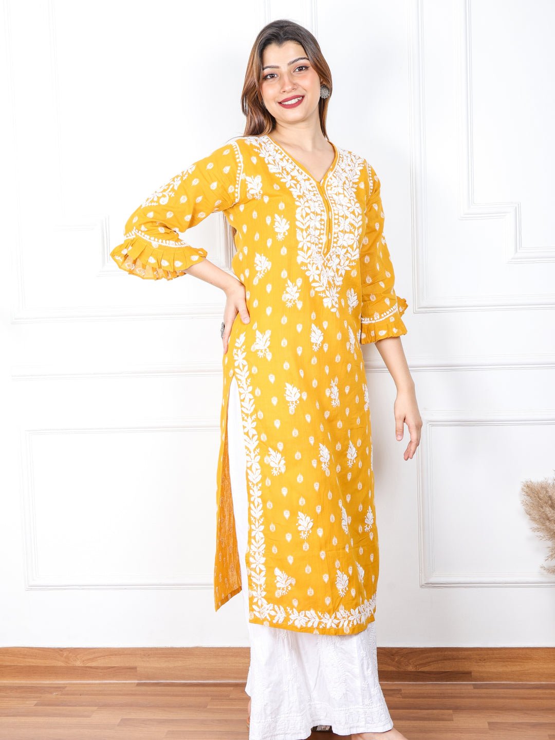 Iqraar Turmeric Yellow Printed Chikankari Cotton Kurti