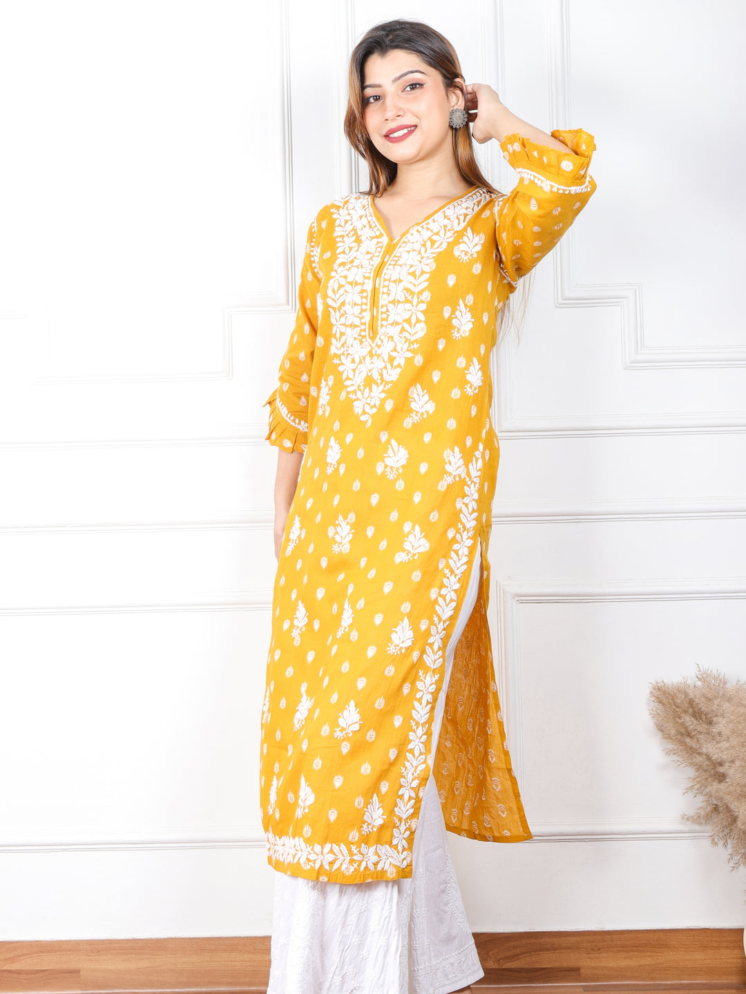 Iqraar Turmeric Yellow Printed Chikankari Cotton Kurti