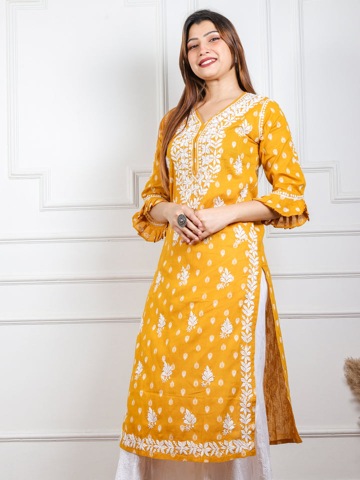 Iqraar Turmeric Yellow Printed Chikankari Cotton Kurti