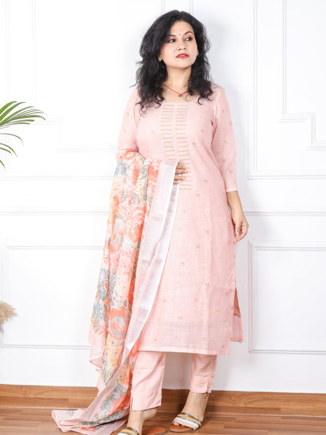 Rayshami Light Peach Cotton Linen Top and Dupatta 3 Piece Set