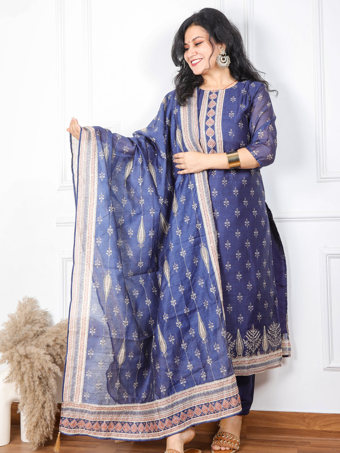 Kohinoor Denim Blue Kantha Work Chanderi Top with Kantha Work Chanderi Dupatta 3 Piece Set