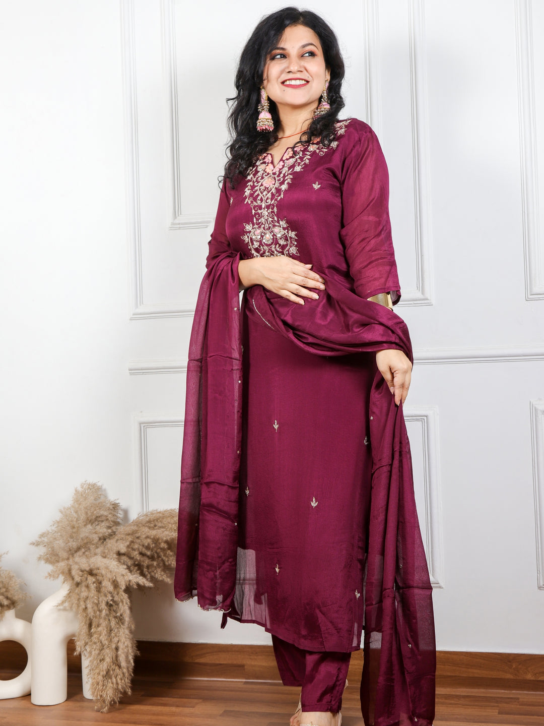 Iqraar Dark Purple Embroidered Rayon Crepe Top with Chiffon Dupatta 3 Piece Set
