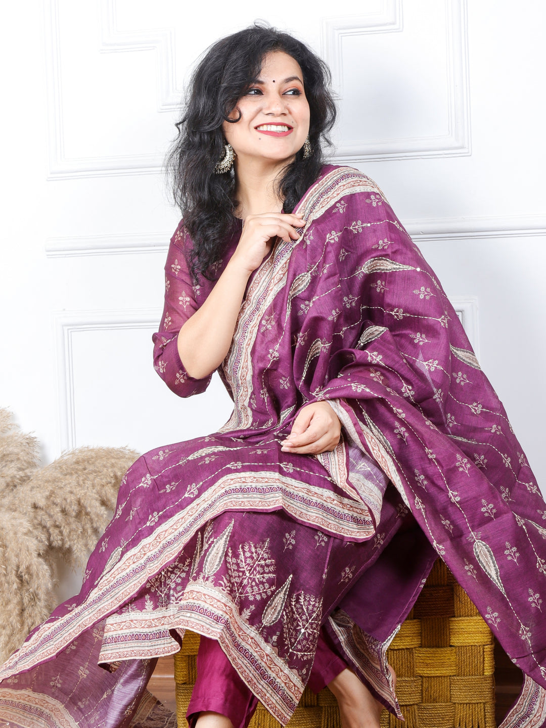 Kohinoor Grape Purple Kantha Work Chanderi Top with Kantha Work Chanderi Dupatta 3 Piece Set