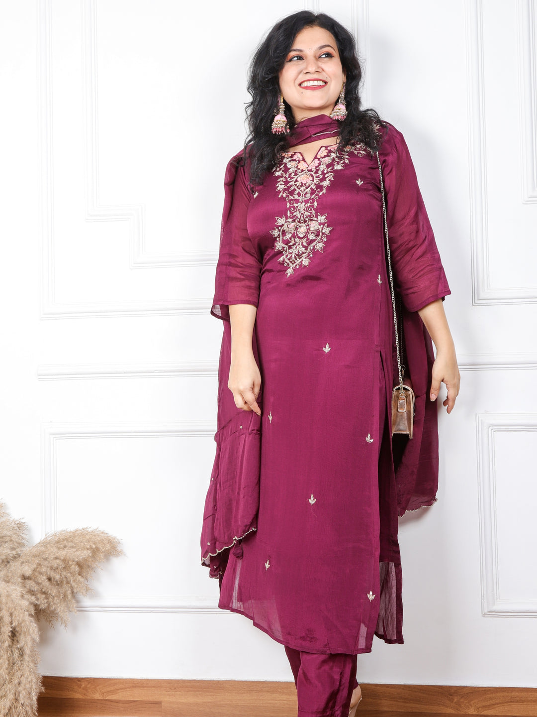 Iqraar Dark Purple Embroidered Rayon Crepe Top with Chiffon Dupatta 3 Piece Set