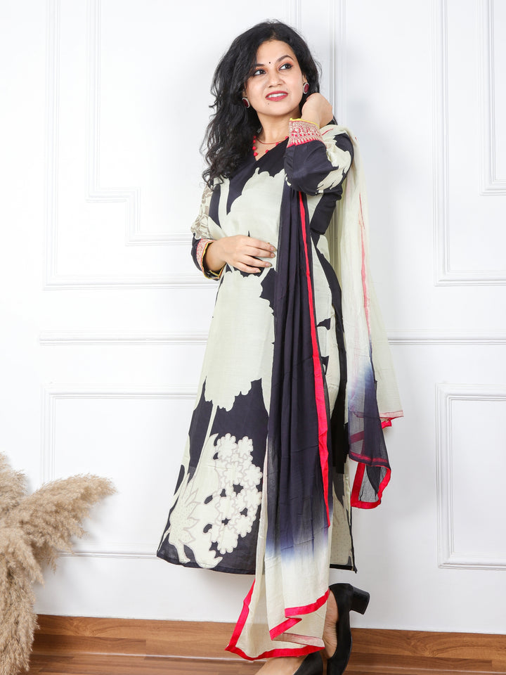 Rayshami Ebony Black Floral Printed Muslin Top with Chiffon Dupatta 3 Piece Set