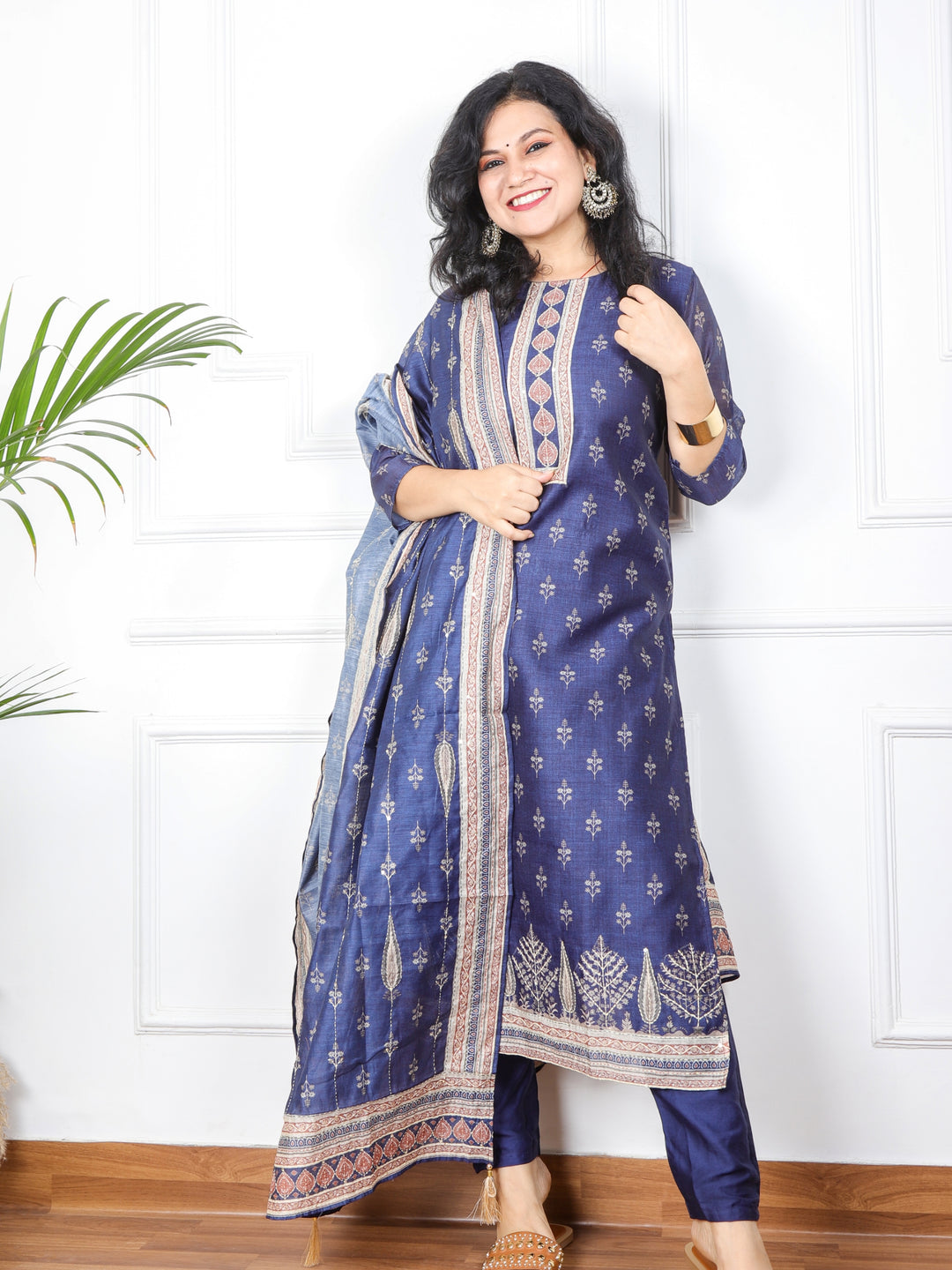 Kohinoor Denim Blue Kantha Work Chanderi Top with Kantha Work Chanderi Dupatta 3 Piece Set