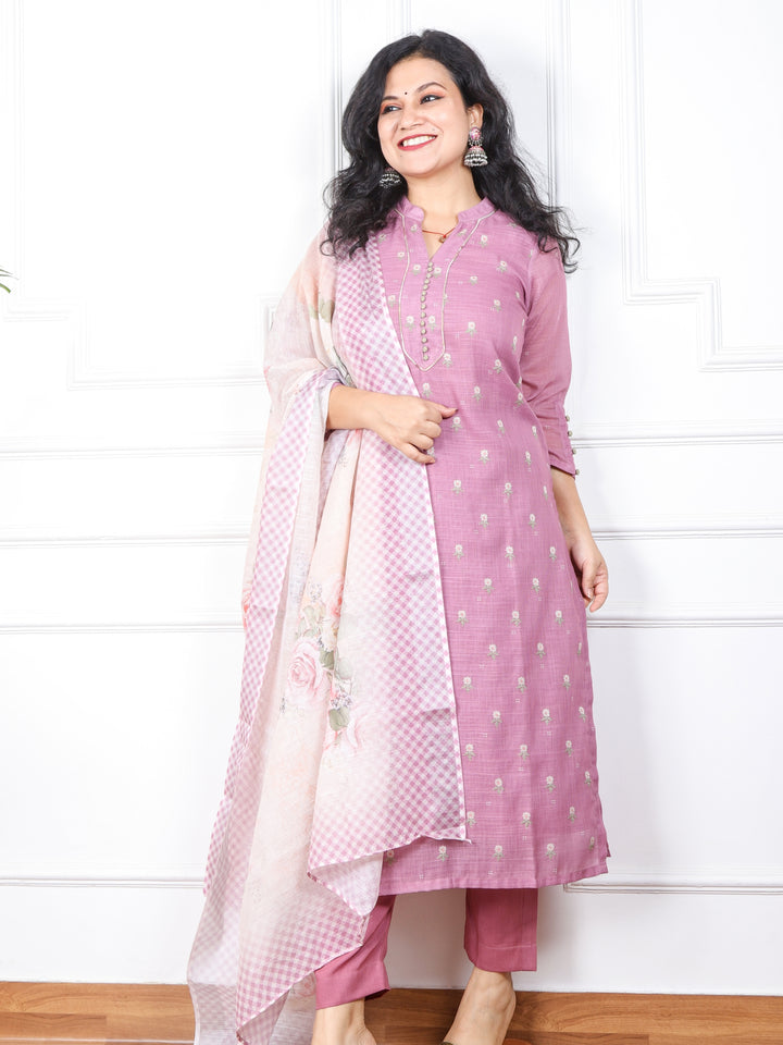 Rayshami Antique Mauve Cotton Linen Top and Dupatta 3 Piece Set