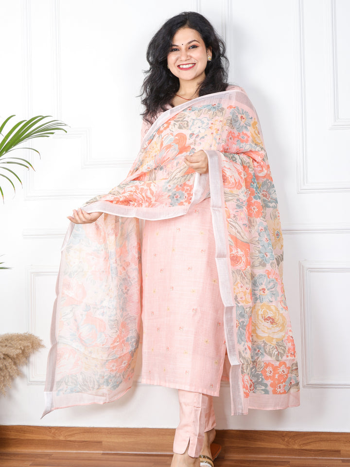 Rayshami Light Peach Cotton Linen Top and Dupatta 3 Piece Set