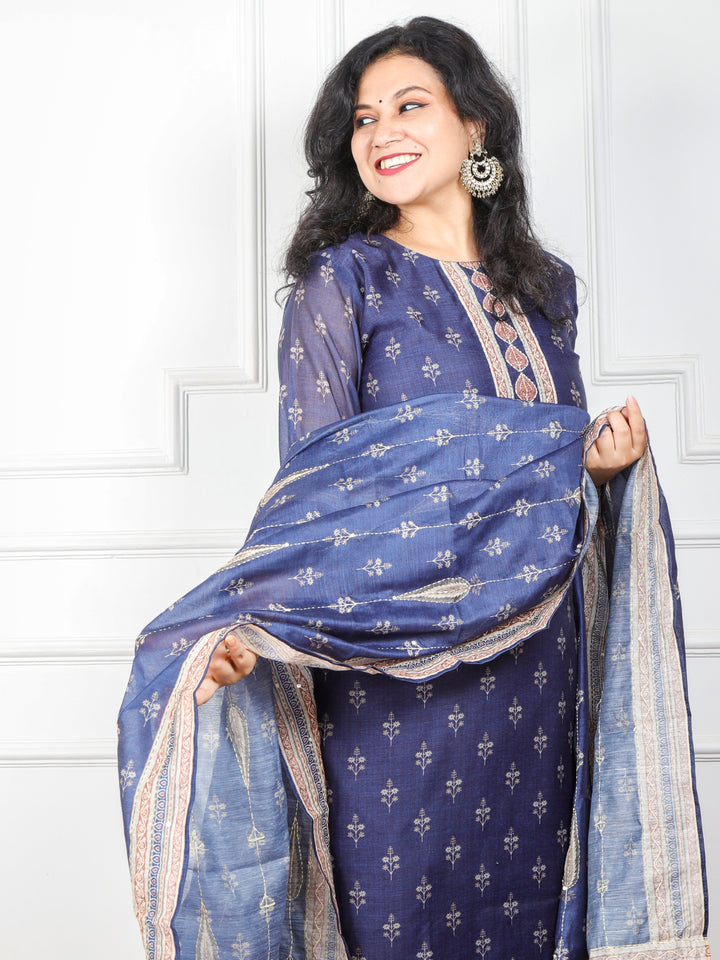 Kohinoor Denim Blue Kantha Work Chanderi Top with Kantha Work Chanderi Dupatta 3 Piece Set