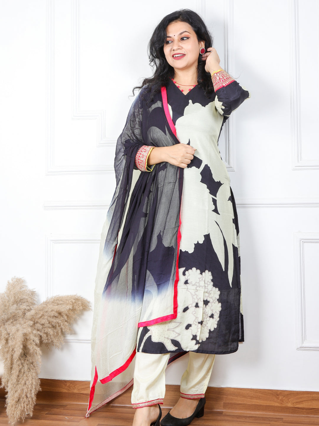 Rayshami Ebony Black Floral Printed Muslin Top with Chiffon Dupatta 3 Piece Set