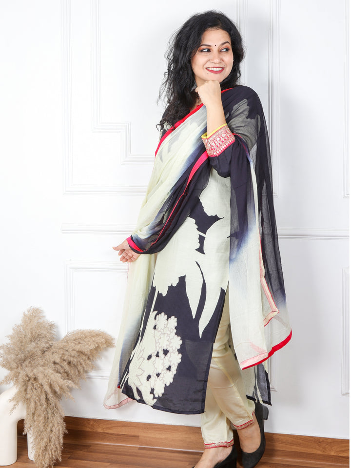 Rayshami Ebony Black Floral Printed Muslin Top with Chiffon Dupatta 3 Piece Set