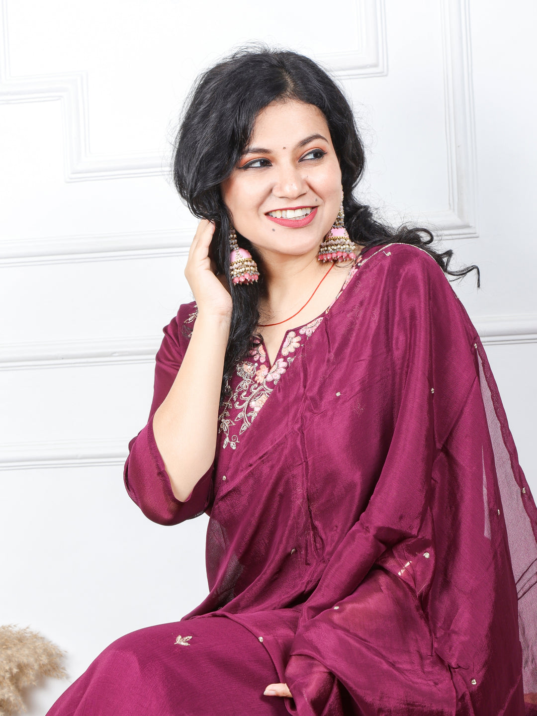 Iqraar Dark Purple Embroidered Rayon Crepe Top with Chiffon Dupatta 3 Piece Set
