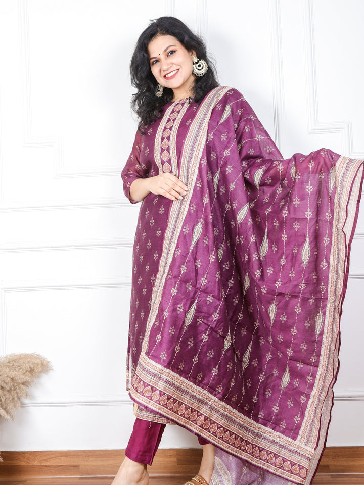 Kohinoor Grape Purple Kantha Work Chanderi Top with Kantha Work Chanderi Dupatta 3 Piece Set