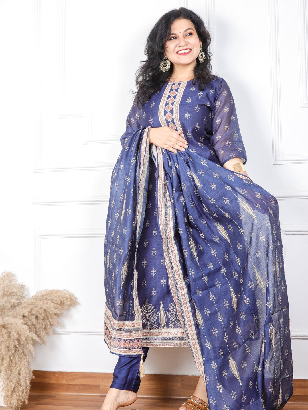 Kohinoor Denim Blue Kantha Work Chanderi Top with Kantha Work Chanderi Dupatta 3 Piece Set