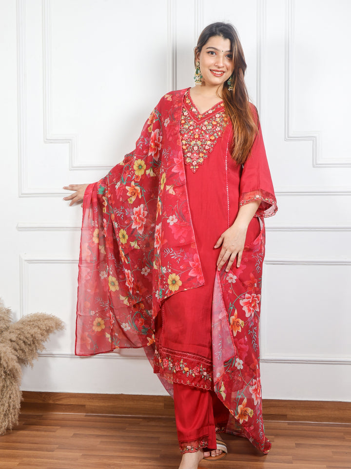 Rayshami Cherry Red Embroidered Rayon Crepe Top with Organza Dupatta 3 Piece Set