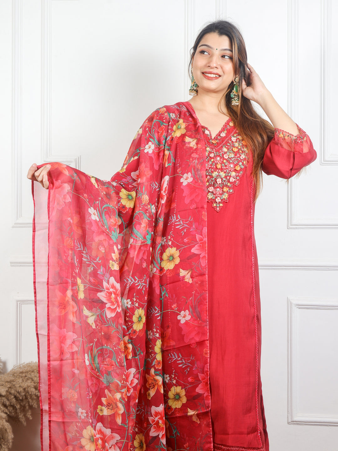 Rayshami Cherry Red Embroidered Rayon Crepe Top with Organza Dupatta 3 Piece Set