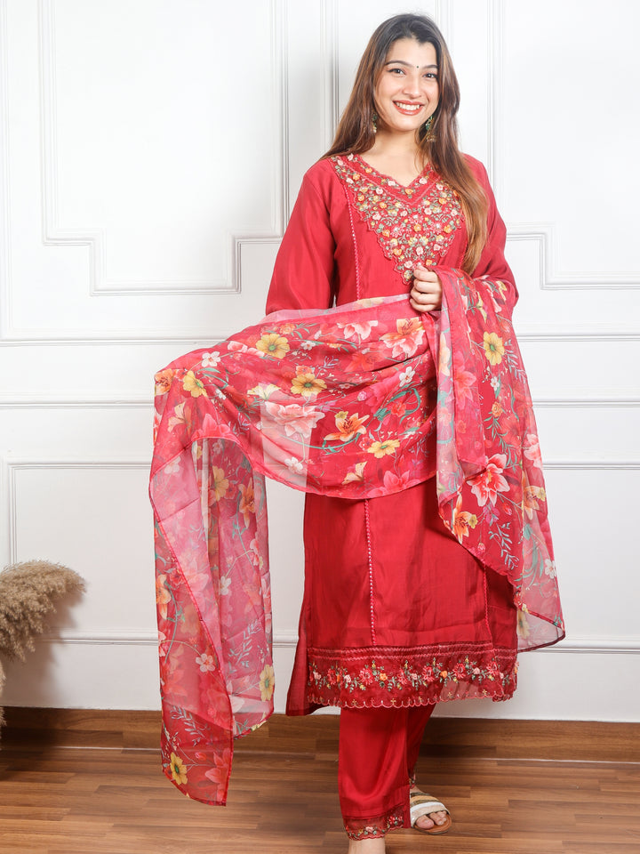 Rayshami Cherry Red Embroidered Rayon Crepe Top with Organza Dupatta 3 Piece Set