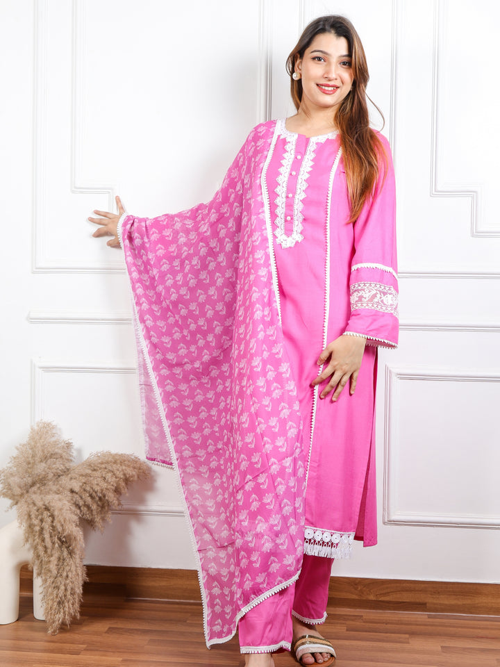 Rayshami Flamingo Pink Lace Work Rayon Top with Cotton Dupatta 3 Piece Set