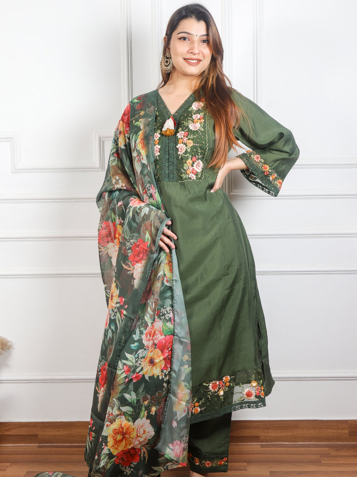 Rayshami Forest Green Embroidered Rayon Crepe Top with Organza Dupatta 3 Piece Set