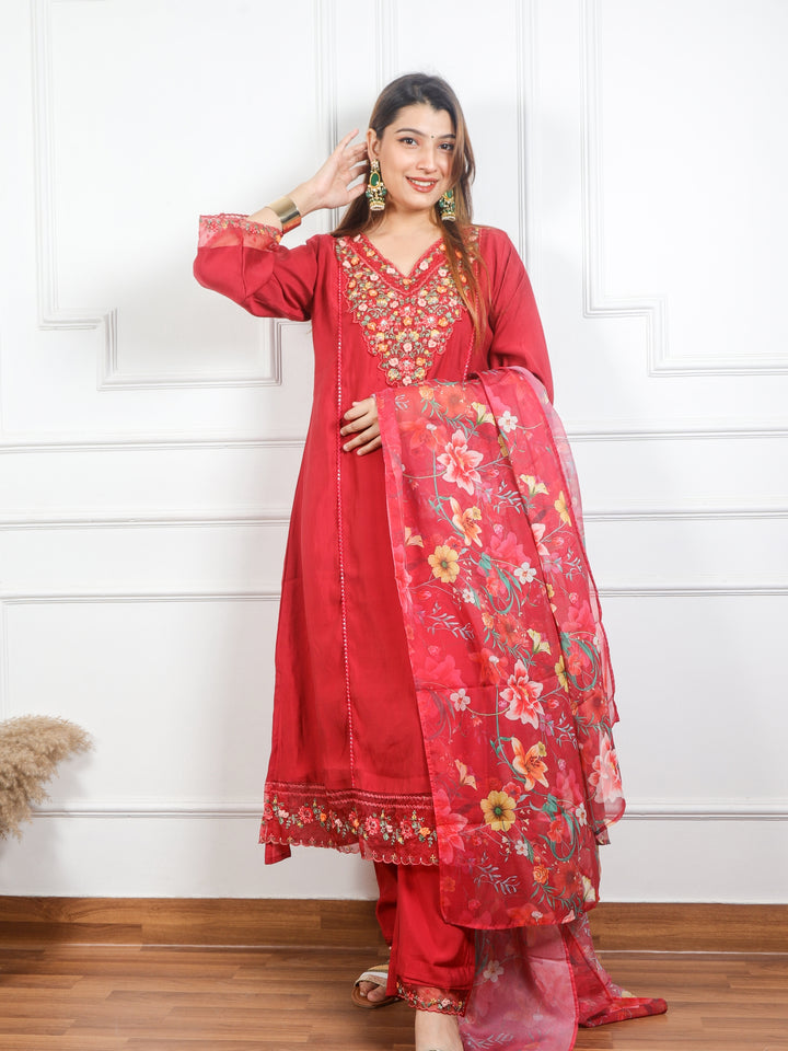 Rayshami Cherry Red Embroidered Rayon Crepe Top with Organza Dupatta 3 Piece Set