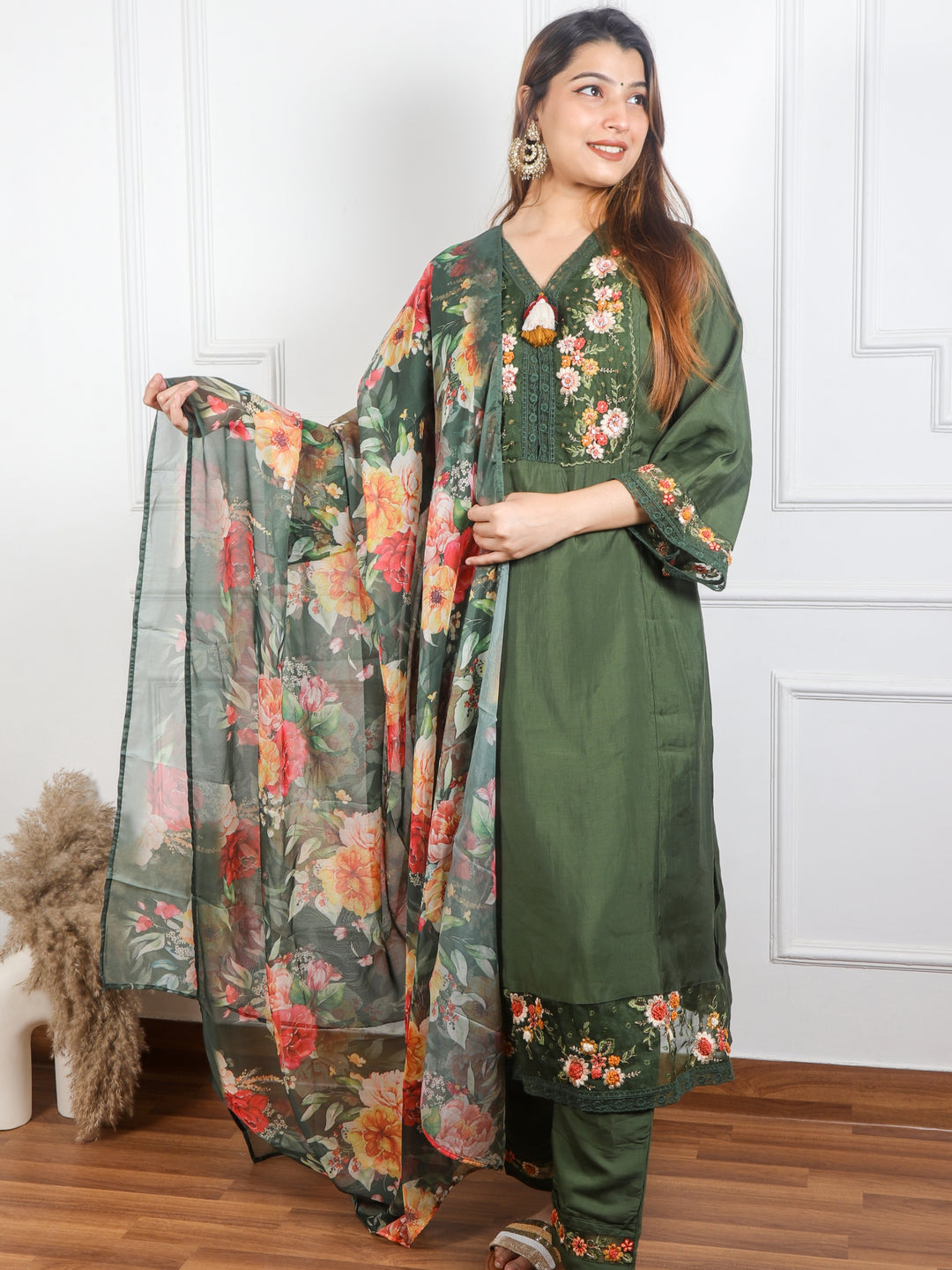 Rayshami Forest Green Embroidered Rayon Crepe Top with Organza Dupatta 3 Piece Set