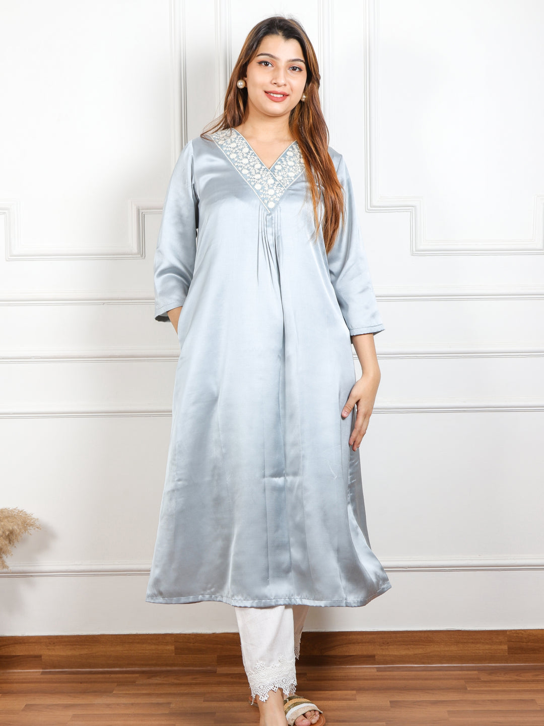 Rayshami Greyish Blue V Neck Lace Work Satin Top