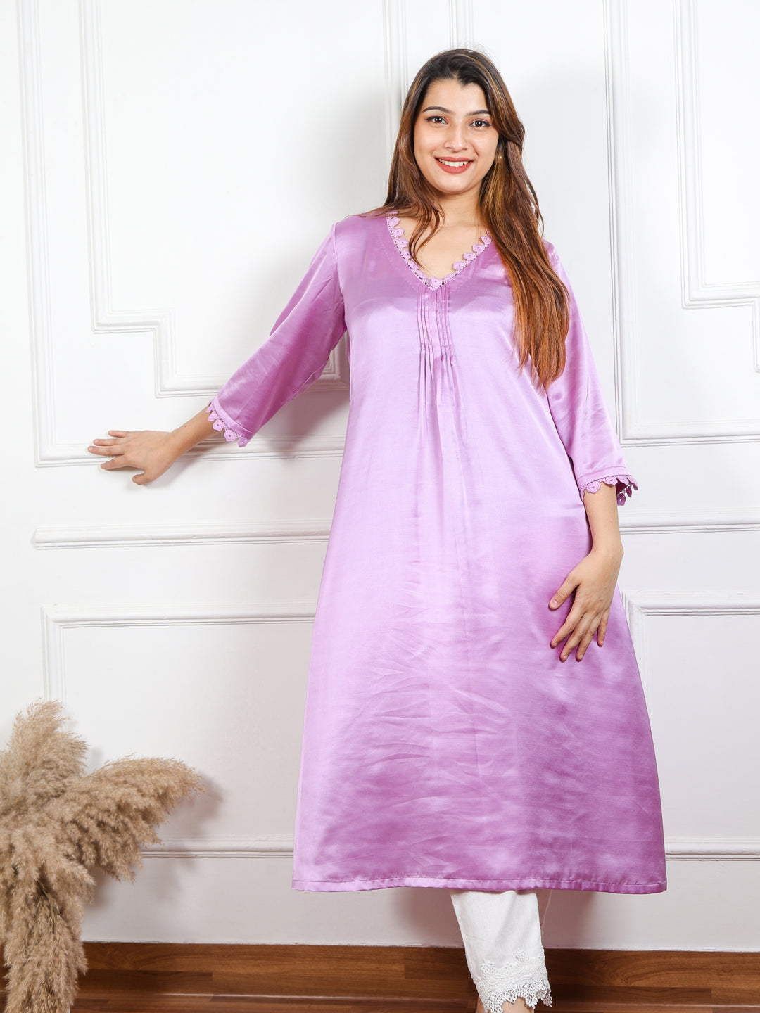 Rayshami Soft Lilac V Neck Lace Work Satin Top