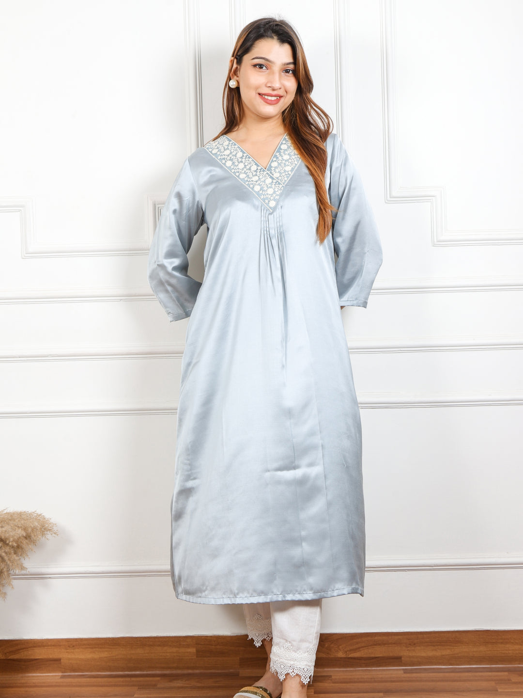 Rayshami Greyish Blue V Neck Lace Work Satin Top