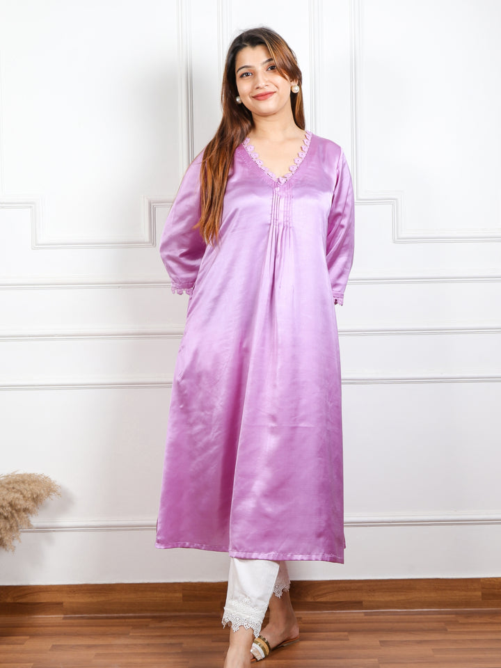 Rayshami Soft Lilac V Neck Lace Work Satin Top