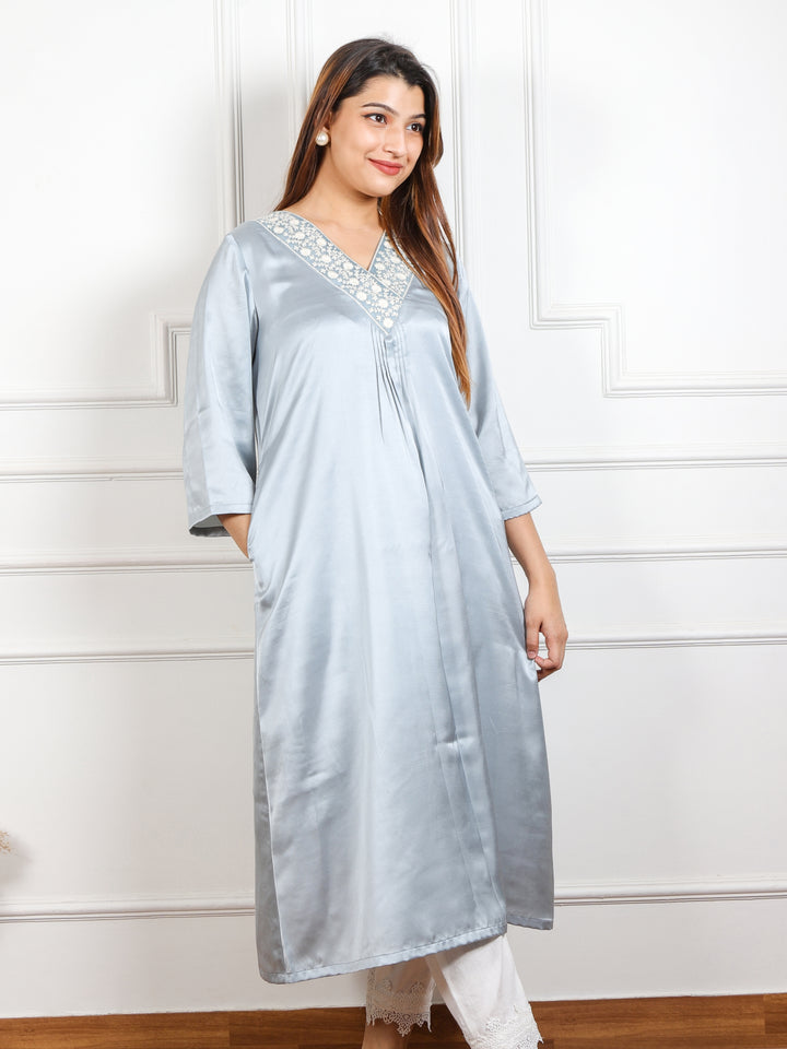 Rayshami Greyish Blue V Neck Lace Work Satin Top