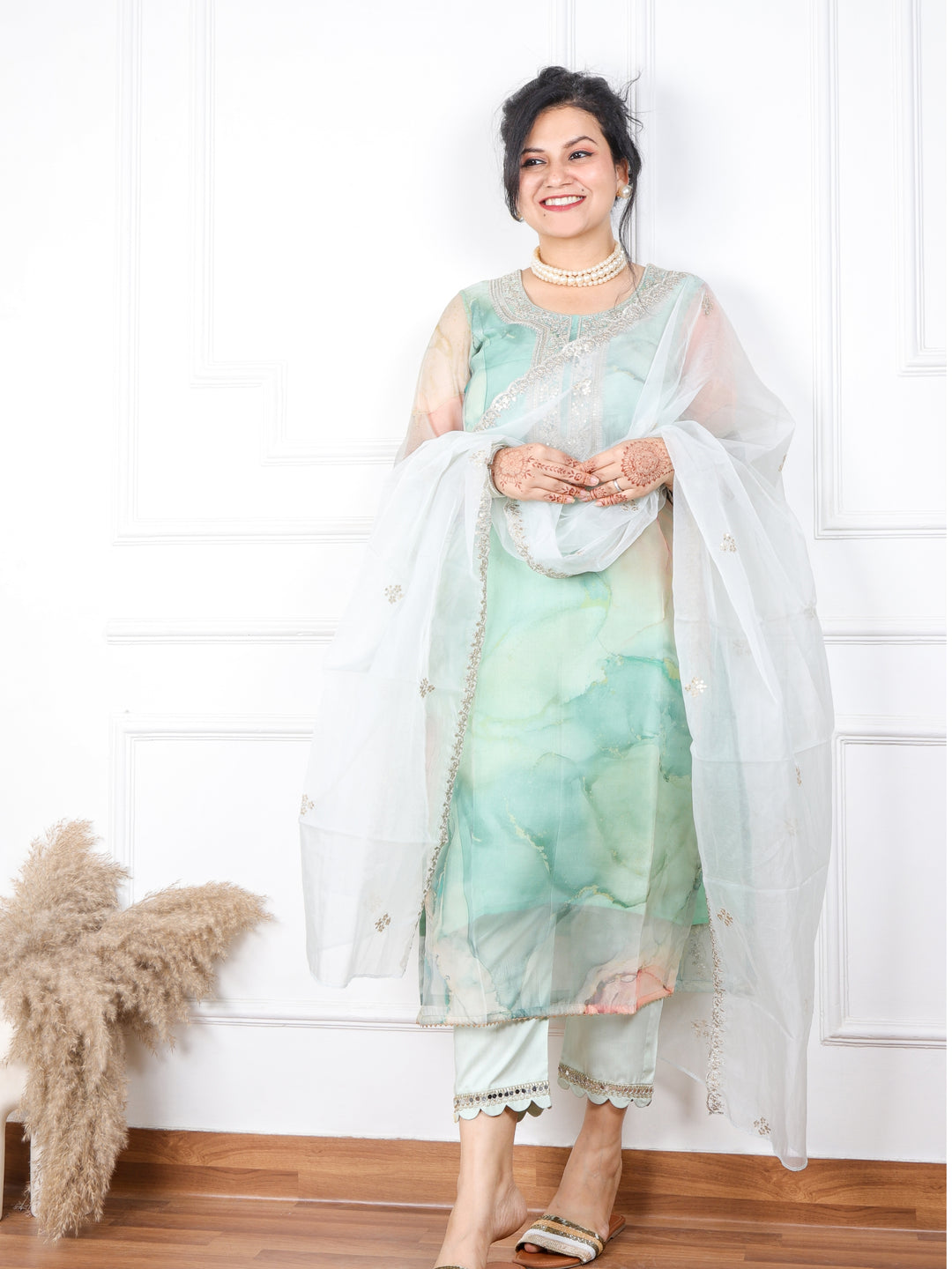 Shokhiyan Tea Green Printed Organza Top With Organza Dupatta 3 Piece Set