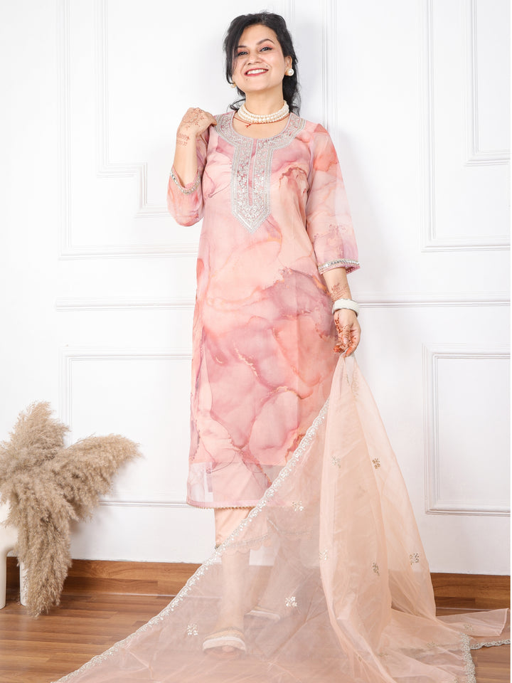 Shokhiyan Light Peach Printed Organza Top With Organza Dupatta 3 Piece Set