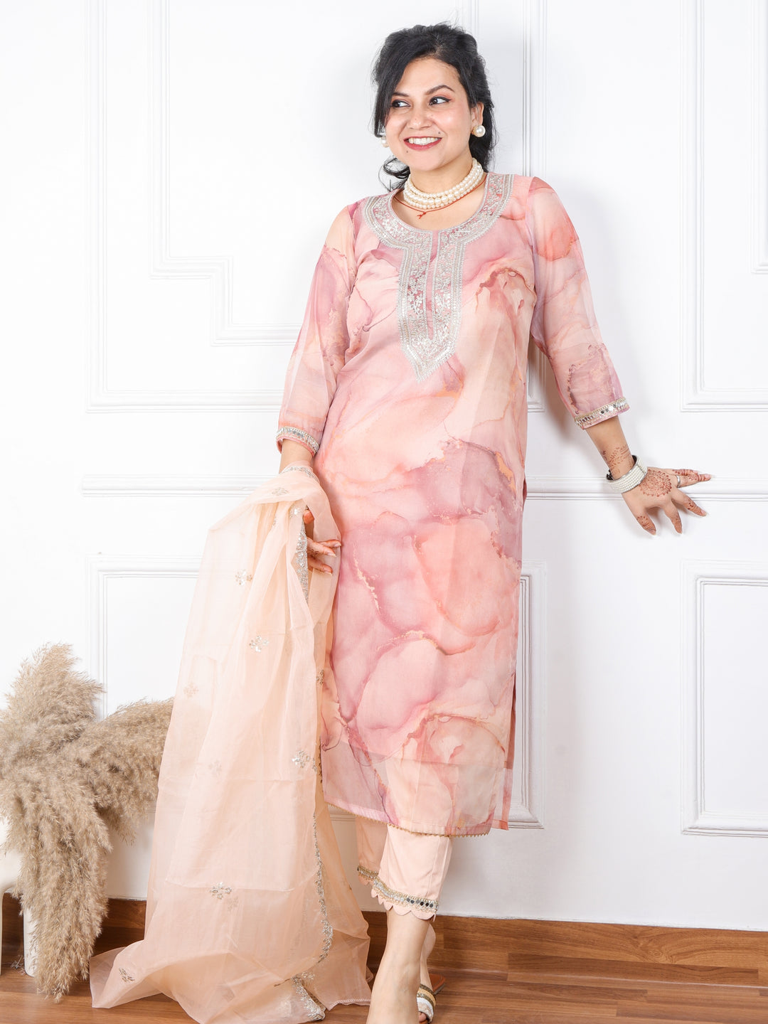 Shokhiyan Light Peach Printed Organza Top With Organza Dupatta 3 Piece Set