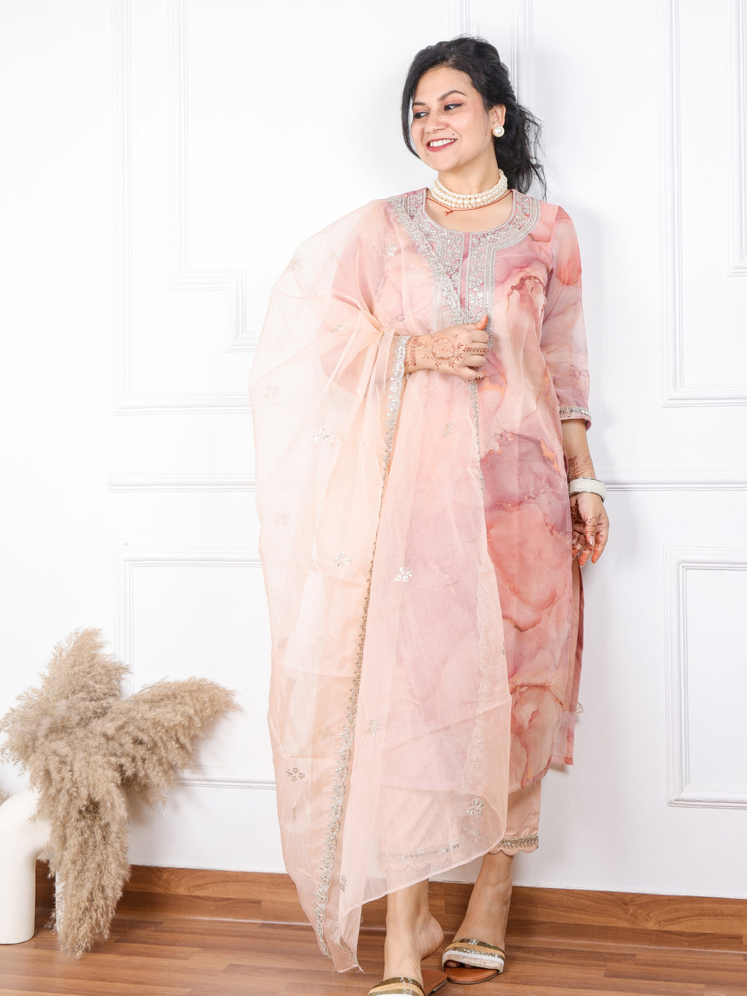 Shokhiyan Light Peach Printed Organza Top With Organza Dupatta 3 Piece Set